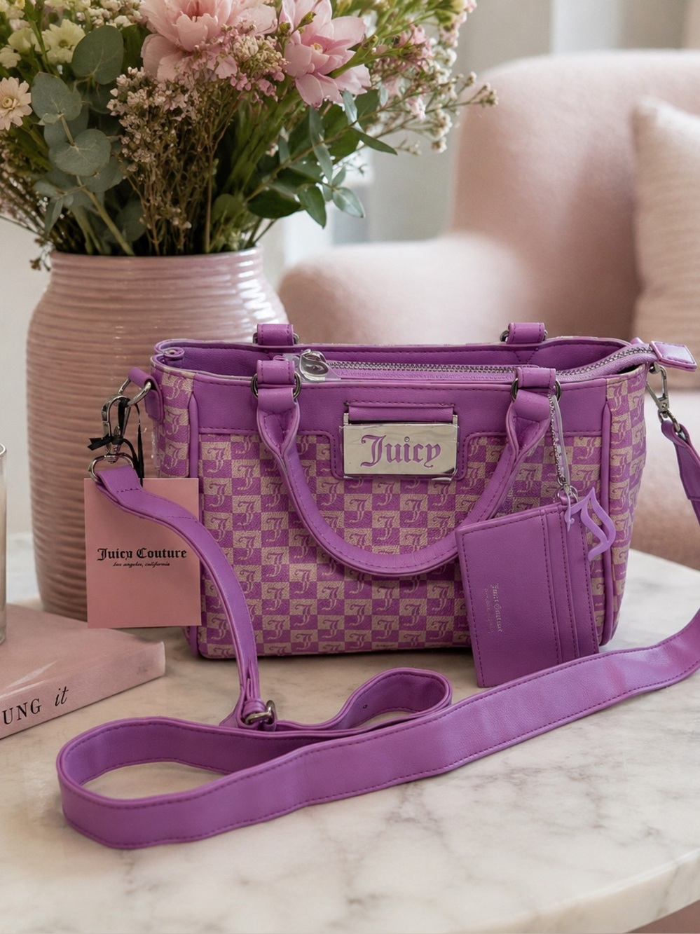 NWT Juicy Couture Lavender Checkerboard Satchel Crossbody Purse w/ Card Holder